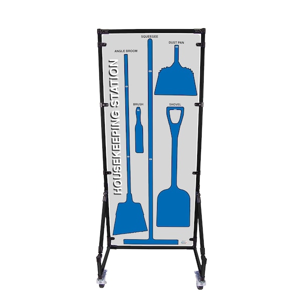 5S Housekeeping Shadow Board Broom Station Version 5 - Gray Board / Blue Shadows  With Broom